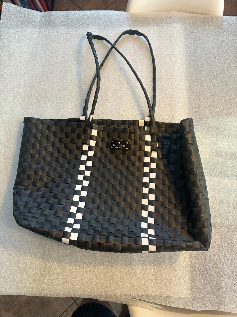 Kate Spade Black Woven Tote Bag with White Accent
